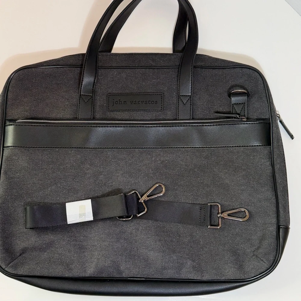 John Varvatos Canvas Tote Lightweight Laptop Messenger Bag Vegan Leather Trim